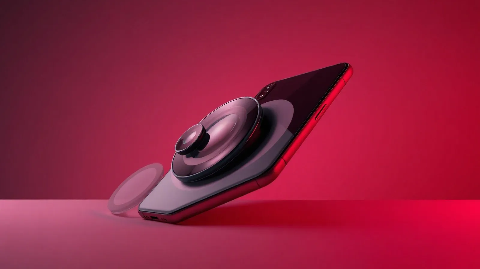 Ilustración abstracta de un smartphone premium con énfasis en su módulo de cámara y tonos rojo cereza y plateado